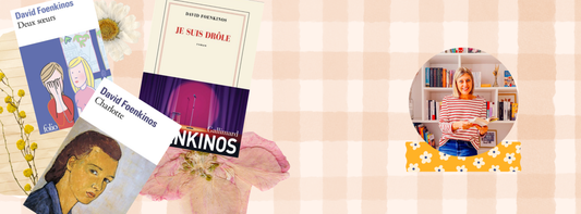 Chronique de Je suis drôle de David Foenkinos — couvertures de Charlotte, Deux sœurs et Je suis drôle sur fond vichy rose, avec portrait de la blogueuse